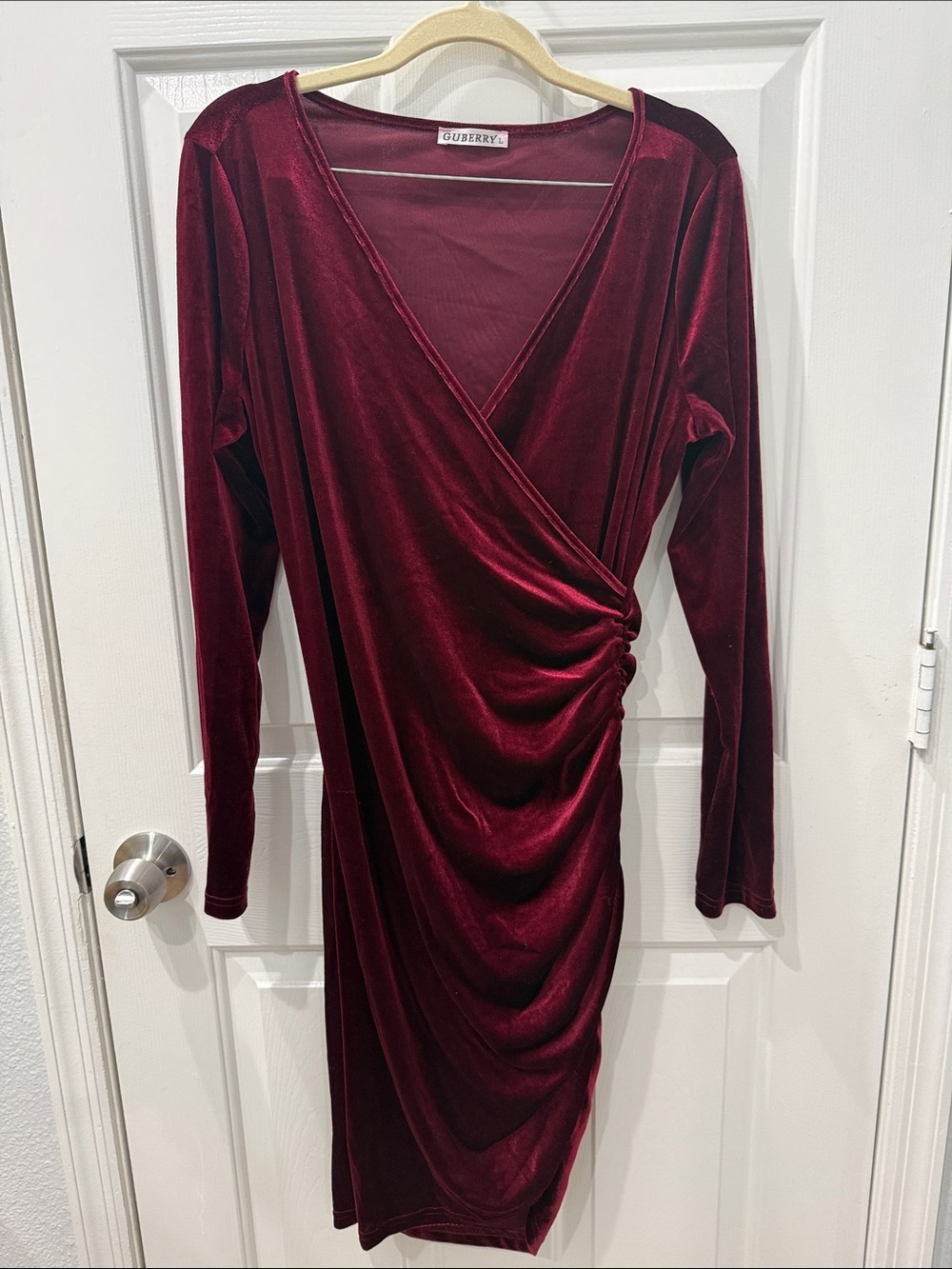 Guberry Women's Wine Velvet Ruched Wrap Dress - Long Sleeve